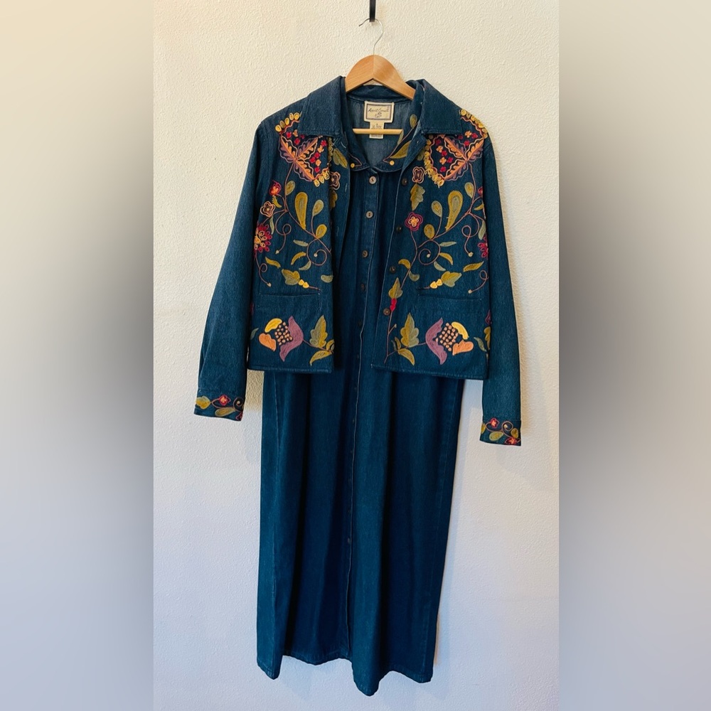 Vintage April Cornell Floral Embroidered Jean Jacket & Maxi Dress Set Bohemian